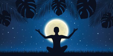 person in meditation pose at night background with full moon and palm tree leaves