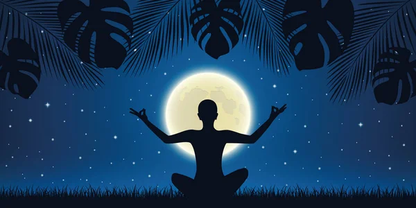 Person in meditation pose at night background with full moon and palm tree leaves — Stok Vektör