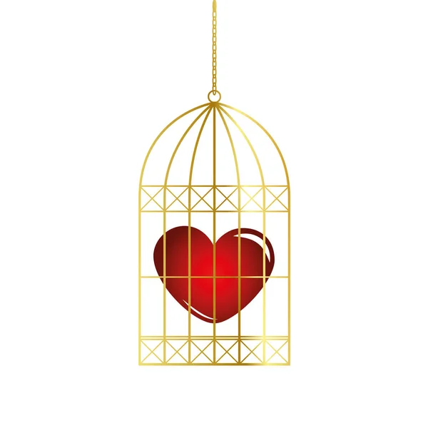 Red heart in a golden bird cage — Stock Vector