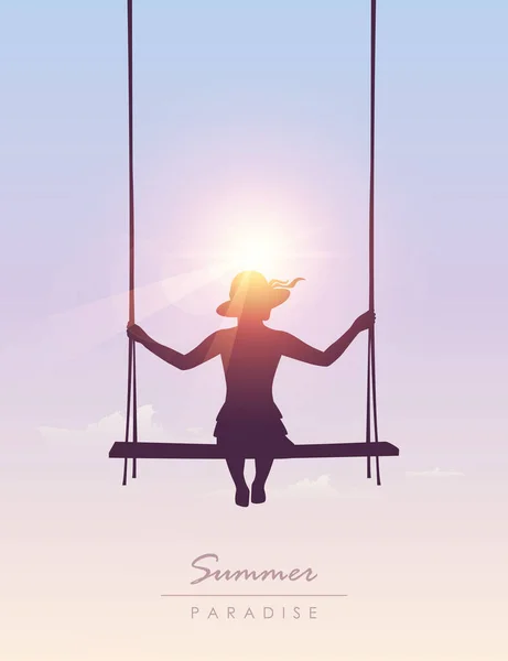 Fille sur un swing ensoleillé été ciel arrière-plan — Image vectorielle