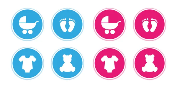 Azul y rosa conjunto de iconos bebé pies pisada cochecito oso y body — Vector de stock