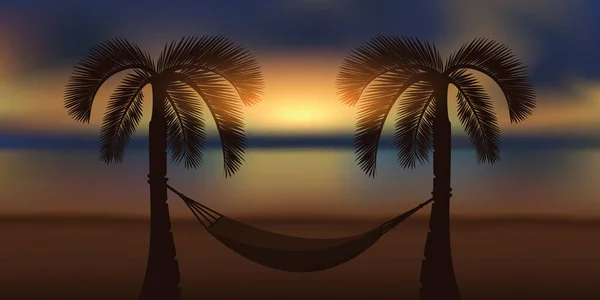 Amaca e palma alla bella alba sulla spiaggia — Vettoriale Stock
