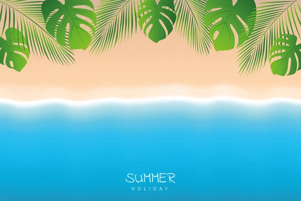 Hermoso fondo de playa de vacaciones de verano con hoja de palma y agua turquesa — Vector de stock