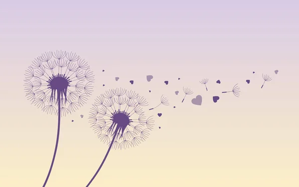 Силуэт одуванчика с летящими семенами и сердцами на День Святого Валентина — стоковый вектор