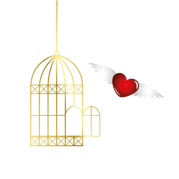 Coeur rouge vole hors de la cage d'or — Image vectorielle