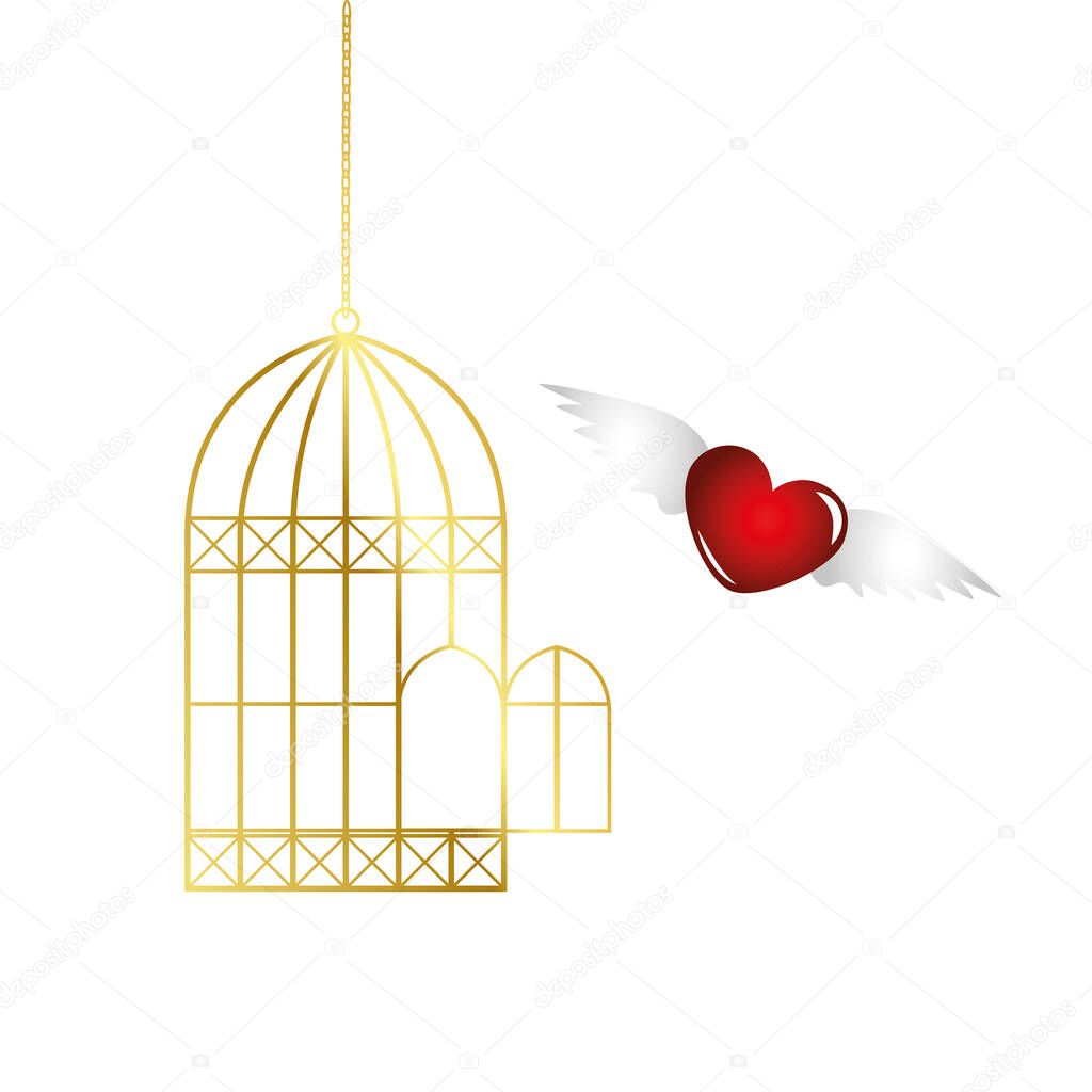 red heart is flying out of the golden cage