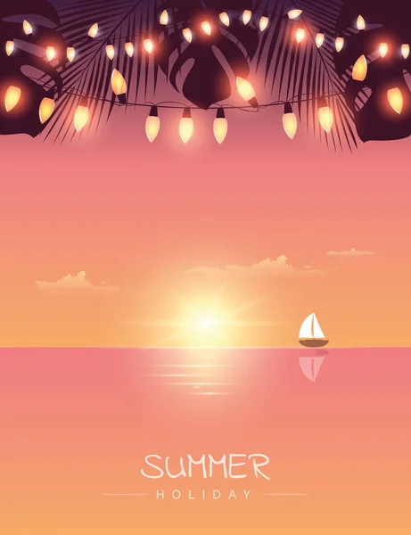 Summer holiday sail boat on the sea at sunset with palm leaves and fairy light — ストックベクタ