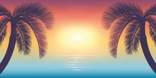 Coucher de soleil romantique sur la plage de palmiers design vacances d'été — Image vectorielle
