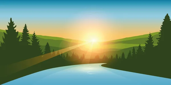 Река в лесу на восходе солнца приключение — стоковый вектор