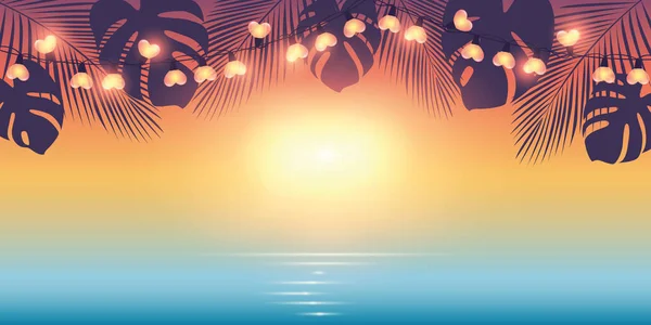 Tropical summer paradise background with fairy light and palm leaves — Stock Vector