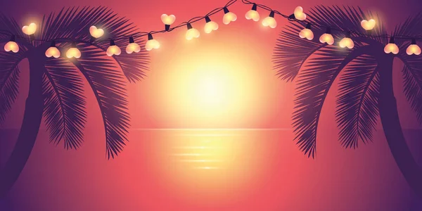 Noche romántica de verano junto al mar con palmera y luz de hadas — Vector de stock