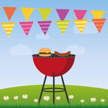 Yaz zamanı gökyüzünde parti bayraklarıyla barbekü