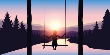 Gün doğumunda mor bir manzarada, büyük bir ormanda, güzel bir nehirde sallanan bir kız.