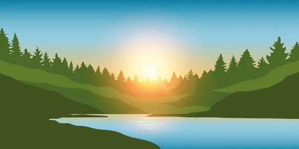 Hermoso gran río en un bosque al amanecer paisaje — Vector de stock