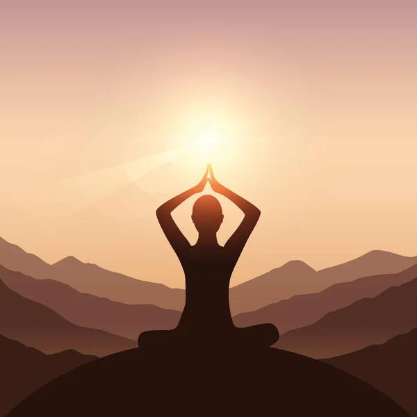 Concepto de meditación paz de la mente silueta con fondo de montaña — Vector de stock