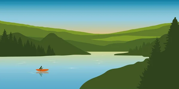 Samotna przygoda kajakowa latem z pomarańczową łodzią na jeziorze — Wektor stockowy