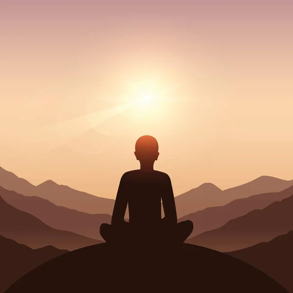 Peace of mind meditation concept silhouette with mountain background — Stock Vector