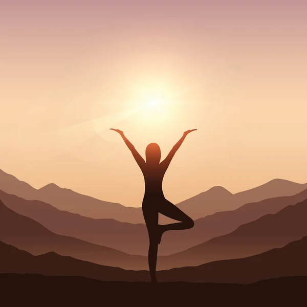 Chica hace yoga en montaña paisaje — Vector de stock