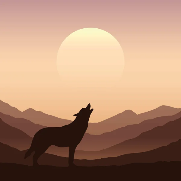 Wolf howls at full moon brown mountain nature landscape — Stock Vector