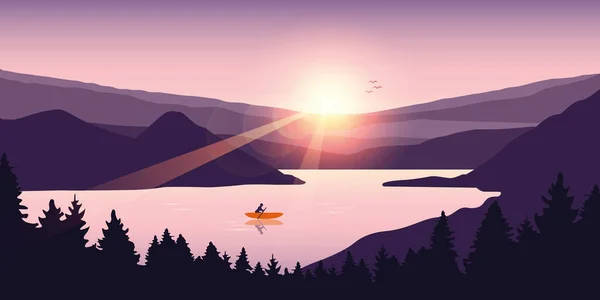 Avventura in canoa solitaria in estate con barca arancione sul lago — Vettoriale Stock