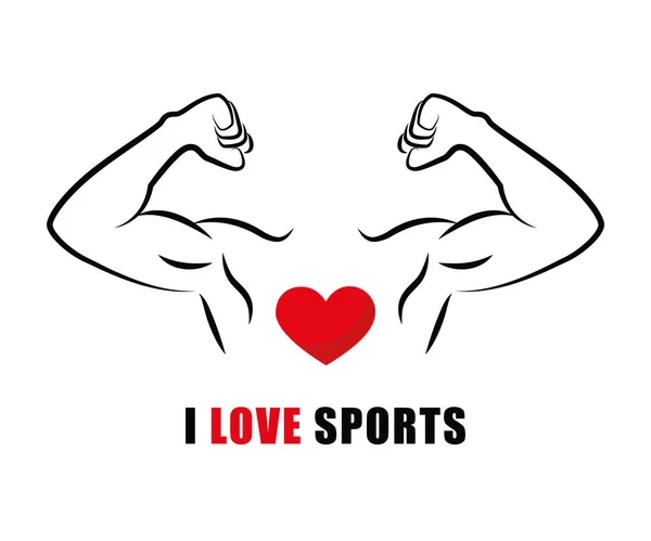 I love sports symbol with strong muscular man and heart — Stock Vector