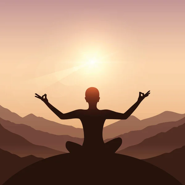 Concept de méditation tranquillité d'esprit silhouette avec fond de montagne — Image vectorielle