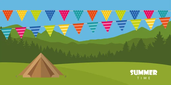 Camping czas plenerowy letni krajobraz z namiotem i flagą strony — Wektor stockowy