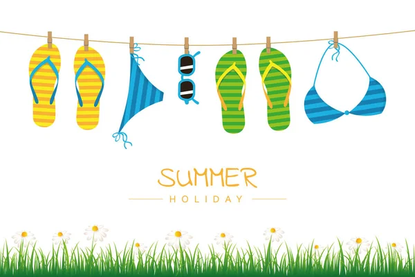Sommar semester randig flip-flops bikini och solglasögon hänga på ett rep — Stock vektor
