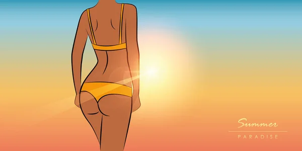 Fille sexy en été sur fond de paradis ensoleillé — Image vectorielle