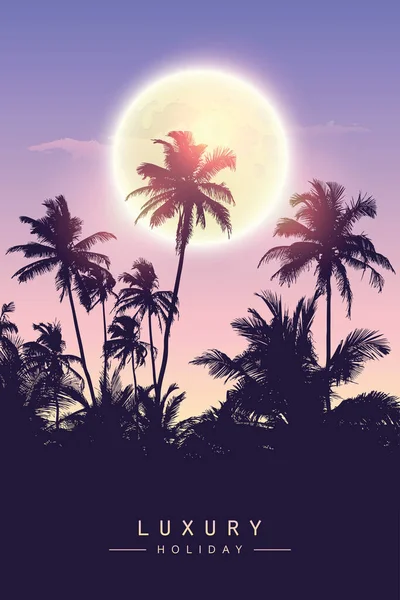 Vacaciones de lujo hermosa noche por luna llena y silueta de palmera — Vector de stock