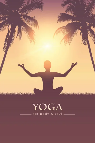 Yoga para cuerpo y alma meditando silueta de persona sobre fondo de palma tropical — Vector de stock
