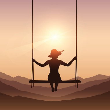 Yazın kahverengi dağ geçmişinde salıncakta sallanan güzel kız.