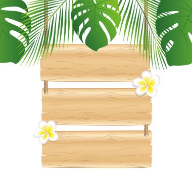 blank wooden hanging sign with frangipani flower under palm leaves tropical design