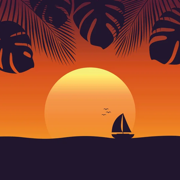 Puesta de sol en el mar con yate paisaje de naturaleza marina con velero y palma — Vector de stock