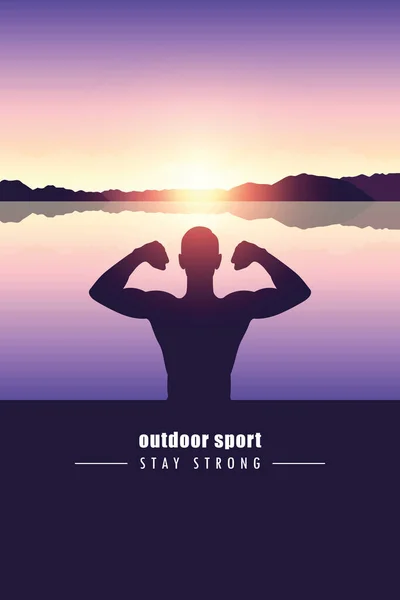 Outdoor sport strong man silhouette by the lake with mountain landscape — Stock Vector