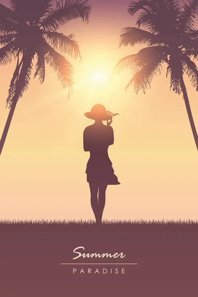 Chica joven con sombrero en vacaciones de verano fondo de palma tropical — Vector de stock