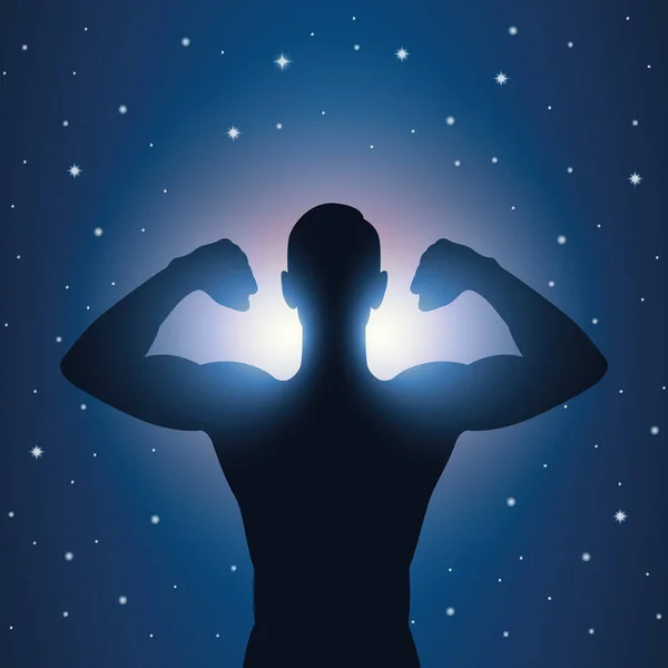 Сильний силует м'язистого чоловіка вночі на зоряному небі — стоковий вектор