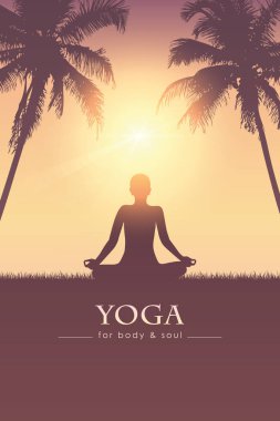 vücut ve ruh meditasyonu yapan insan silueti için tropikal palmiye arka planında yoga