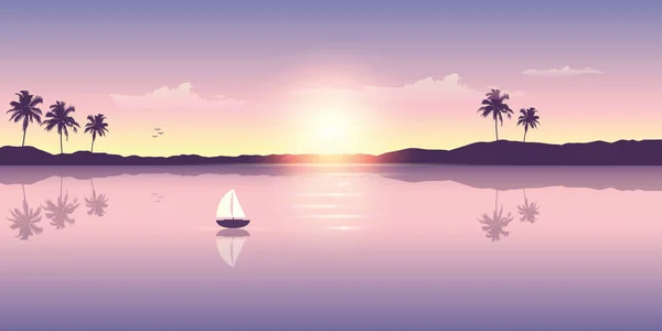 Velero en el océano al atardecer con vista a la montaña y a la palmera — Vector de stock