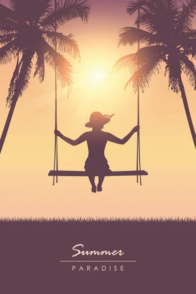 Chica en un columpio en vacaciones de verano fondo de palma tropical — Vector de stock