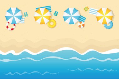 Yaz tatili şemsiyeli yüzme yüzme ve parmak arası terlikle turist plajında