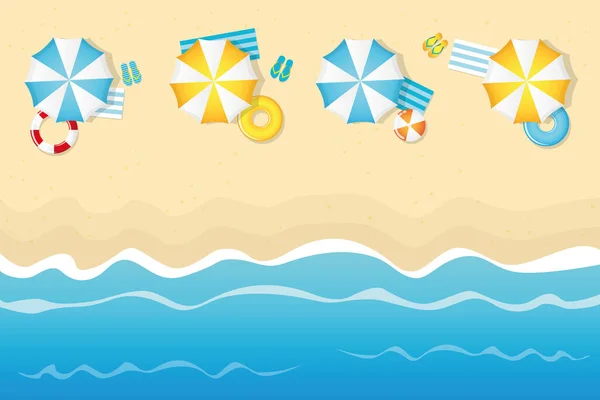 Літній відпочинок на туристичному пляжі з парасольковим плавальним кільцем і фліп-флопом — стоковий вектор