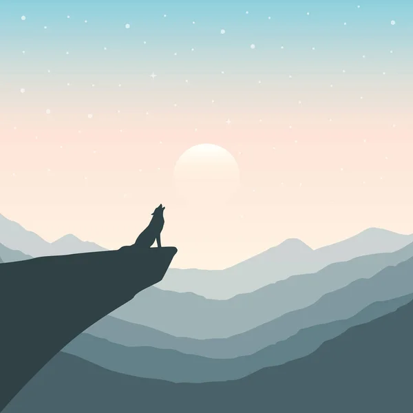 Вовк на скелі виття на повний місяць гірський природний пейзаж — стоковий вектор