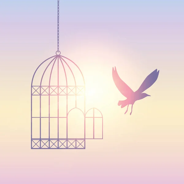 Fågel flyger ut ur buren in i den soliga himlen — Stock vektor