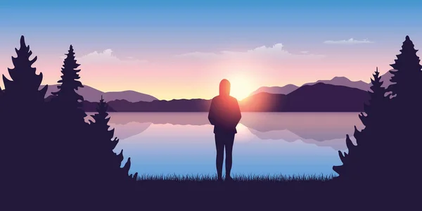Дівчина біля озера на сході сонця природа пейзаж — стоковий вектор