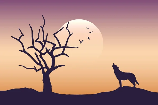 Wolf heult zur Vollmond-Narbenlandschaft mit nacktem Baum — Stockvektor