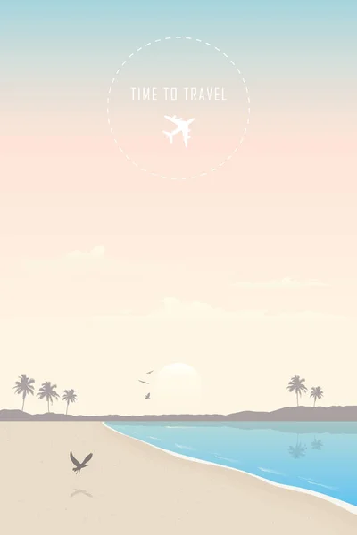 Tiempo para viajar hermosa playa de palmeras junto al océano — Vector de stock