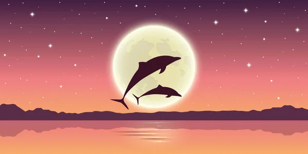 Dwa delfiny wyskakują z wody w świetle księżyca — Wektor stockowy