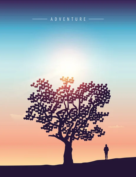 Samotna dziewczyna stoi pod wielkim drzewem o zachodzie słońca — Wektor stockowy