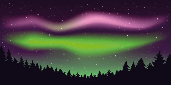 Aurora borealis beautiful polar lights in stary sky in forest — Stock Vector